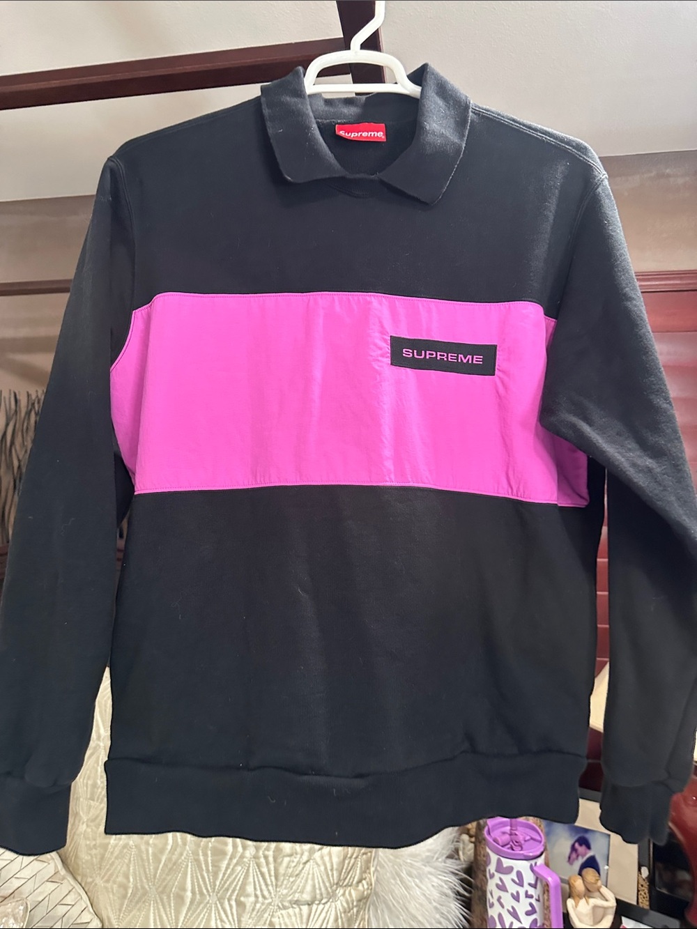 Supreme Black and Pink Colorblock Crewneck Sweater
